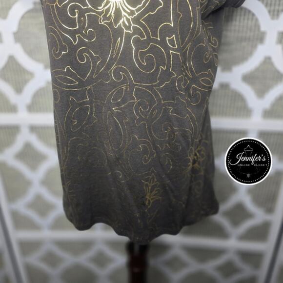 3/$30 Tahari Brown with Metallic Gold Floral Graphic Cap Sleeve Top Size Large - Picture 5 of 9